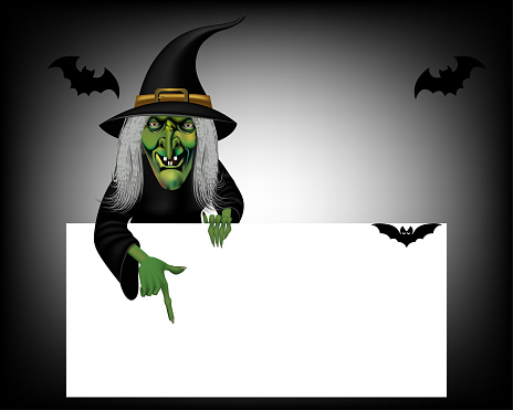 witch with hat pointing towards a product for halloween
