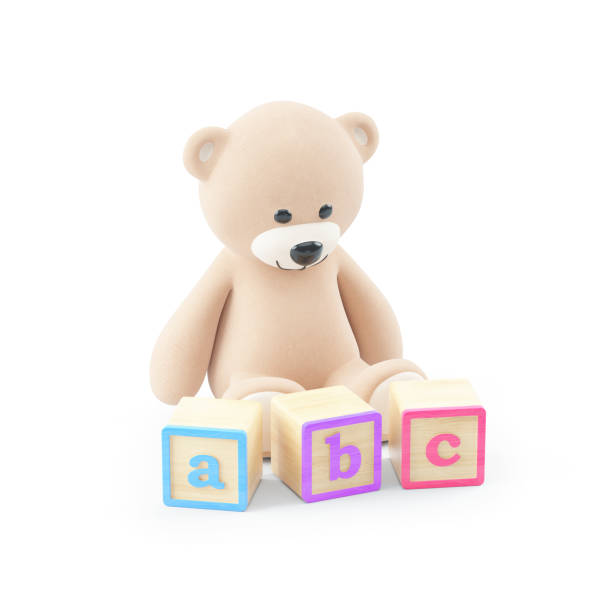 3d illustration of teddy bear with abc blocks, isolated on white background
