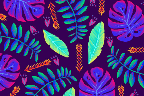 ilustraciones, imágenes clip art, dibujos animados e iconos de stock de combinación de flores tropicales con luz fluorescente - vector horizontal digitally generated image leaf