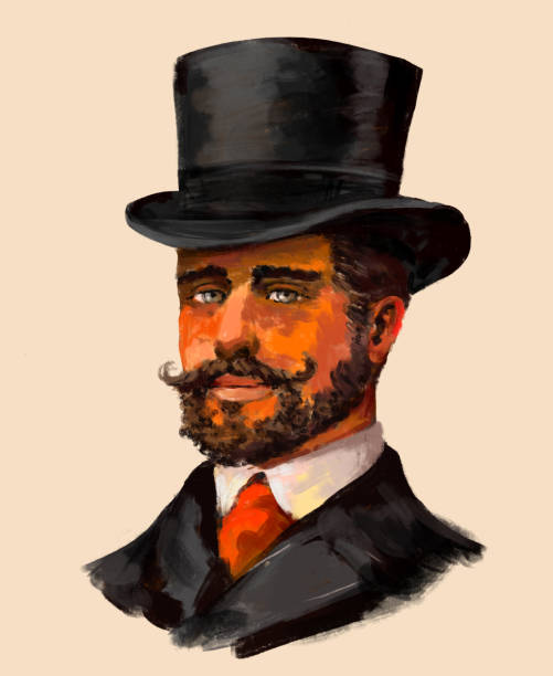illustrations, cliparts, dessins animés et icônes de illustration d’un portrait artistique d’un monsieur du 19ème siècle, portant un chapeau supérieur, moustache et barbe. verticale masculine multicolore d’art - dandy