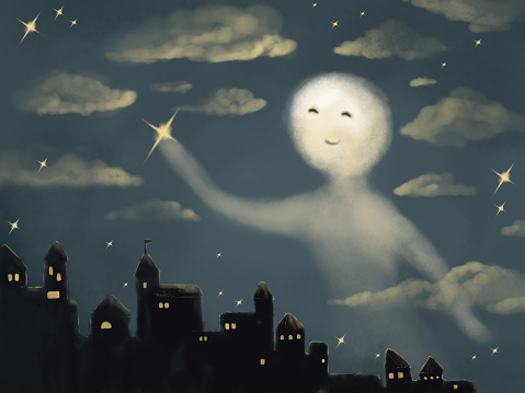 illustration of a magical fairytale night. The character of the moon with a smile on a round face, who hangs the stars in the sky. Fantastic night over the city