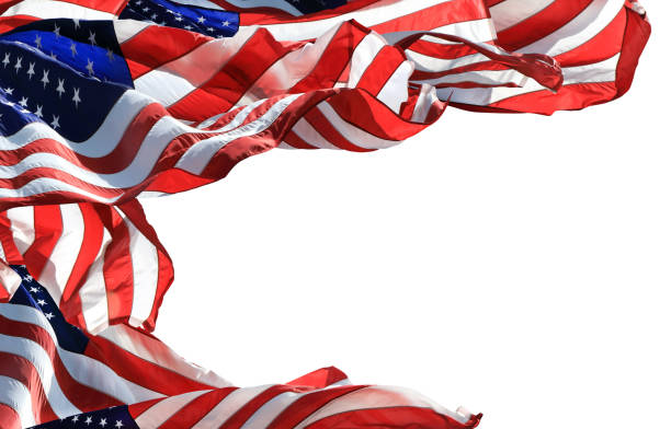 istock Close up group of American flags over white copy space 1305378682
