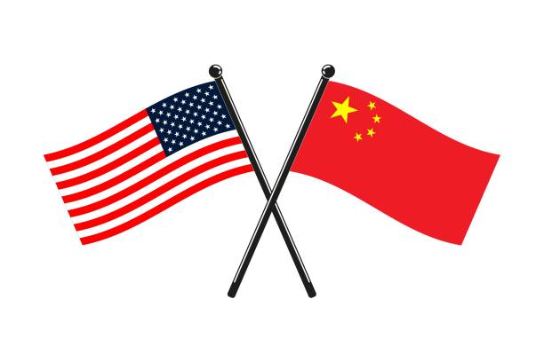 national flags of China and Usa crossed national flags of China and Usa crossed on the sticks in the original colours prc stock illustrations