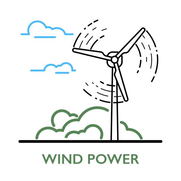 illustrazioni stock, clip art, cartoni animati e icone di tendenza di energia eolica. turbina eolica con verdi e nuvole. - energia eolica