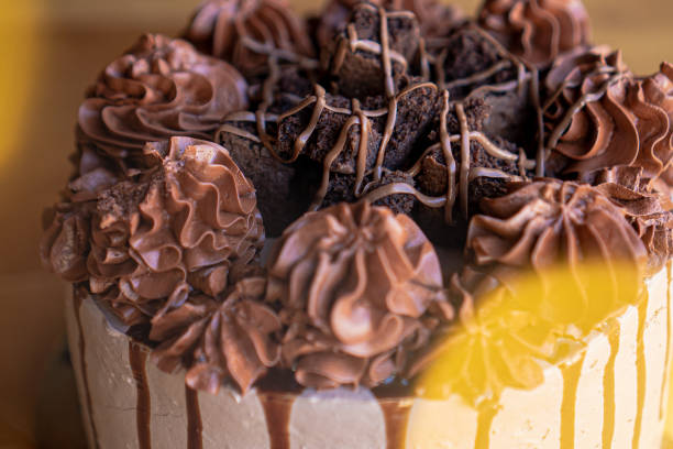 istock Exquisite chocolate cake with chocolate cream and brownies on top. 1305384534