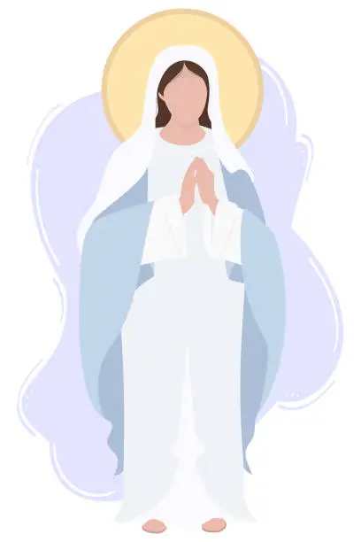 Vector illustration of Holy Mary Mother of God or Mother of God. Virgin Mary in a blue maforia prays meekly. Vector illustration for Christian and Catholic communities, design, holidays and history