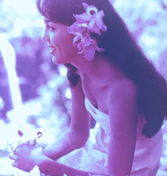 old retro vintage style positive film scan, hawaiian hula dancer in hawaii, usa - image created 1960s 1960s style beach women imagens e fotografias de stock