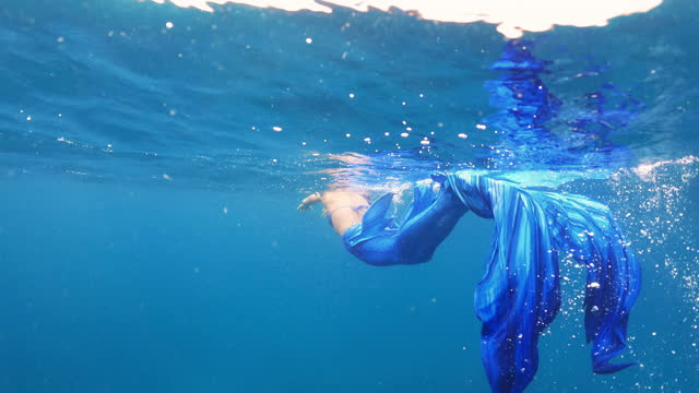 Asian women wearing Mermaid dress and freediving in crystal clear water in the sea ocean