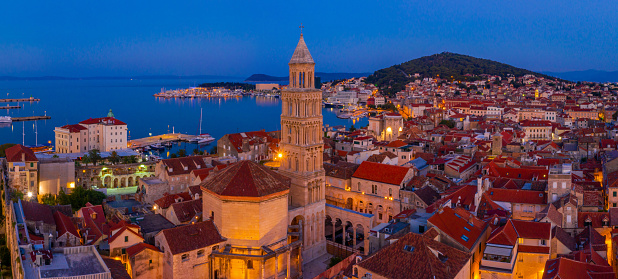 Sunrise aerial view of old town of Split dominated by belltower of Saint Domnius cathedral, Croatia