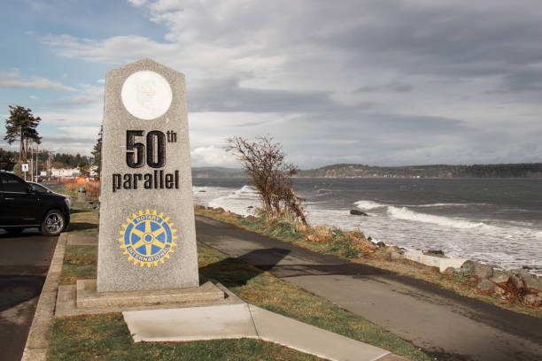 View of sign 50th Parallel with Campbell River in the background Campbell River, Canada - November 17,2020: View of sign 50th Parallel with Campbell River in the background parallel port stock pictures, royalty-free photos & images