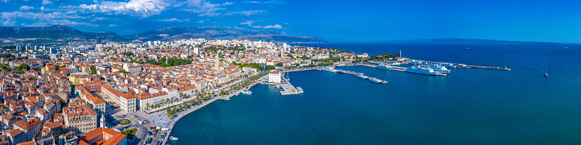 Split, Croatia, July 23, 2020: Jadrolinija ferries mooring in the port of Split, Croatia