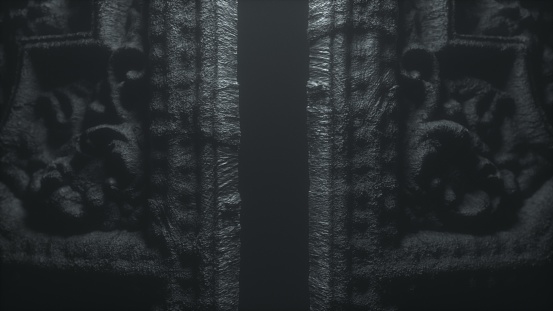 Old gothic stone door to hell with patterns. From the hell to the heaven concept. 3d render