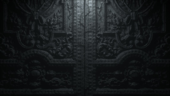 Old gothic stone door to hell with patterns. 3d render