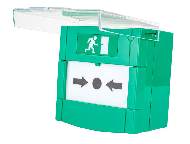 istock Green emergency door release button with open transparent lid isolated on white background 1305403089