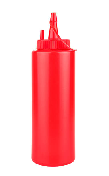 istock Red plastic bottle with dispenser for ketchup tomato sauce isolated on white background 1305403091
