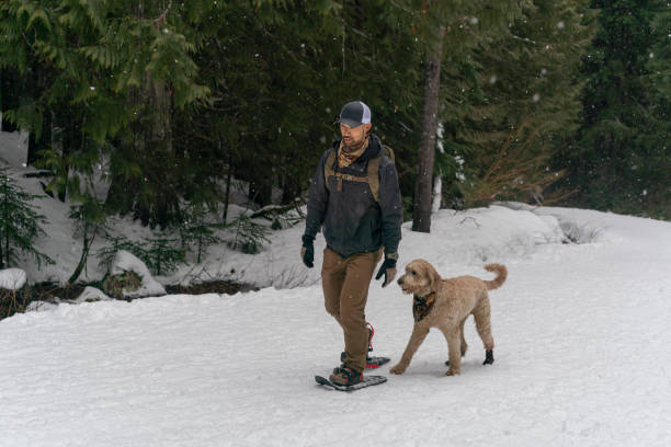 erwachsene ethnische mann schneeschuhwandern mit seinem hund - winter snowshoeing running snowshoe stock-fotos und bilder