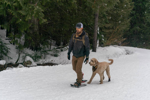 hombre étnico adulto raqueta de nieve con su perro - winter snowshoeing running snowshoe fotografías e imágenes de stock