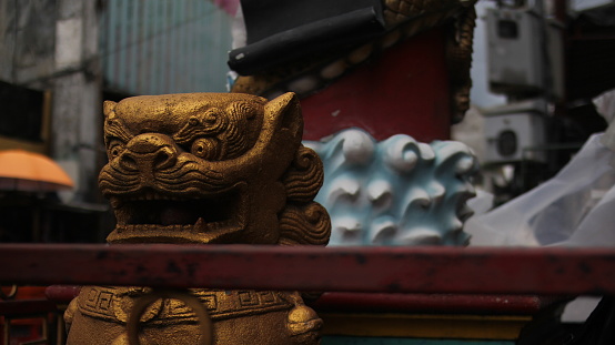 The head of a Chinese golden dragon statue