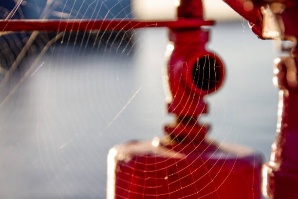 This is a photo of a full web on a red faucet for boats and ships at a shipyard.