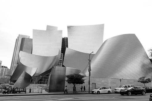 Los Angeles, CA - February 15, 2020: Exterior of Disney Concert Hall in black and white showing varied details of the architecture