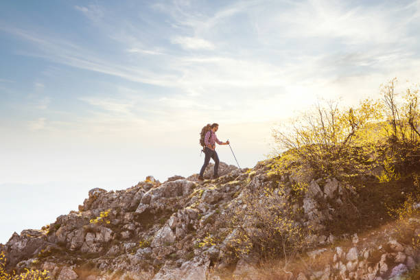 istock Man traveling with backpack hiking in mountains 1305414390
