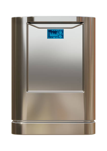 istock Modern smart dishwasher in brushed steel isolated on white background. Front view 1305415180