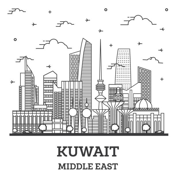 illustrations, cliparts, dessins animés et icônes de décrire kuwait city skyline avec des bâtiments modernes isolés sur blanc. - kuwait city