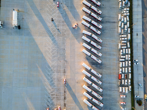 High angle view of buses parked on bay