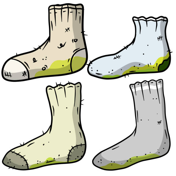 Dirty sock. Smelly feet. Sloppy clothes. Stinky toe. Grey Object for washing Dirty sock. Smelly feet. Sloppy clothes. Stinky toe. Grey Object for washing. Cartoon flat illustration. Green wave. The bad stench used socks stock illustrations