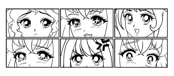 Six pairs of anime eyes look. Manga style. Six pairs of anime eyes look. Manga style. Japanese comic. Hand drawn vector illustration for print. Isolated on white. manga style stock illustrations
