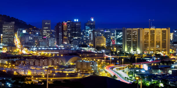 Hi resolution blue hour capture of downtown Cape Town central business district skyline stock photo