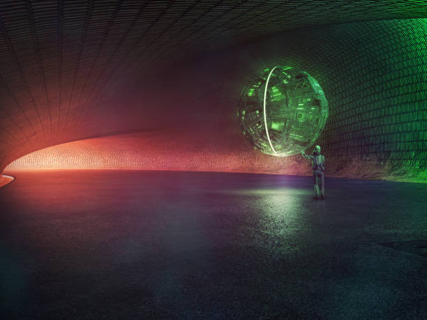 istock Future technology drone floating above empty dark concrete floor with curved brick wall background in lab hall or alien spaceship. 1305431183