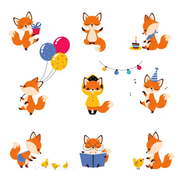 Vector illustration of Cute Little Fox Walking with Balloons, Reading Book and Feeding Chicks Vector Set