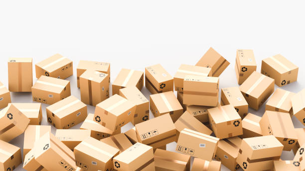 istock Cardboard boxes on white background, logistics and delivery concept 1305432411