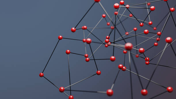 istock Red spheres on blue background with empty copy space on left side, concept of network 1305432419