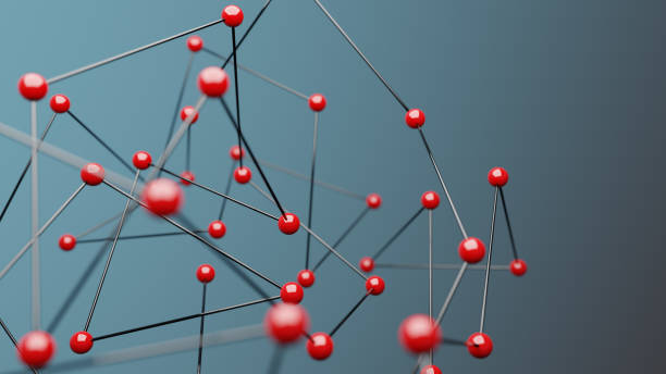 istock Red spheres on blue background, concept of network 1305432422