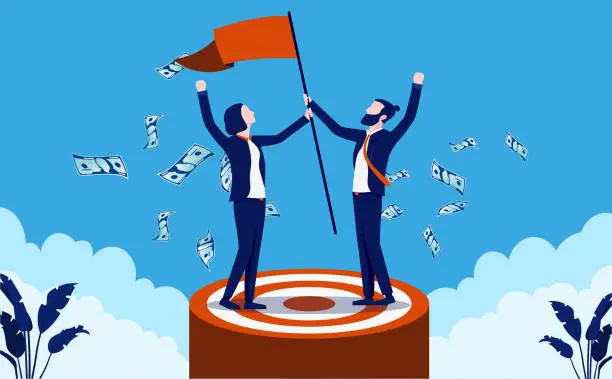 Vector illustration of Business target met - Team of two businesspeople standing in bulls eye cheering with money flying in air