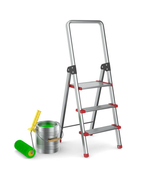 istock roller brush, can with colour and stepladder on white background. Isolated 3D illustration 1305438068