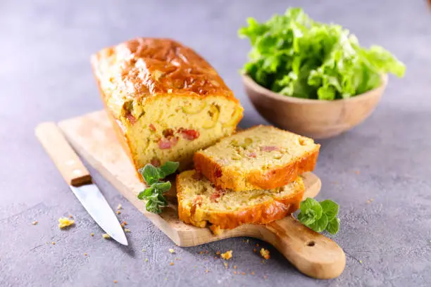 cake with ham,  bacon and cheese