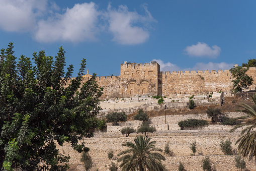 View of the Golden Gate or Gate of Mercy on the east-side of the Temple Mount of the Old City of Jerusalem, Israel. High quality photo