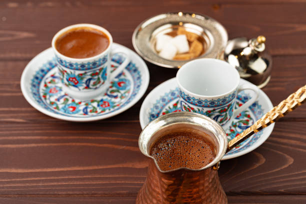 istock Traditional turkish coffee in oriental dishware close up 1305442599