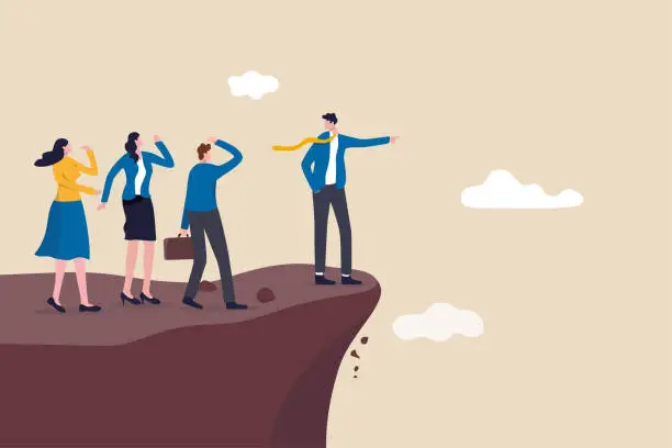Vector illustration of Wrong decision making, stupid authoritarian leader or boss, mistake lead company and employees to sabotage or bad problem concept, stupid boss manager pointing order employees to jump off cliff.