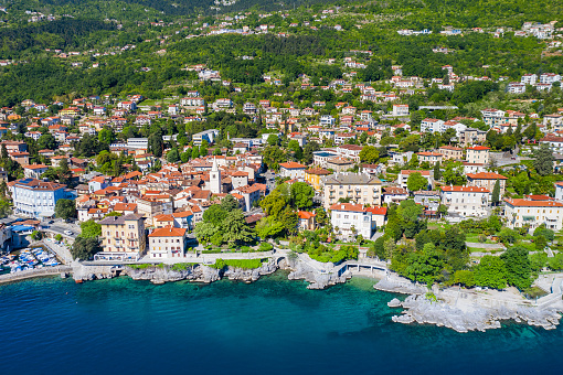 Coastal town of Lovran in Croatia, aerial panoramic view, popular tourist destination