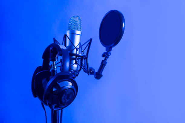 istock Professional microphone with waveform and headphones on background banner. Podcast or recording studio background 1305444013