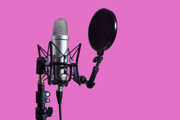 istock Professional microphone with waveform and headphones on a pink background banner. Podcast or recording studio background 1305444015