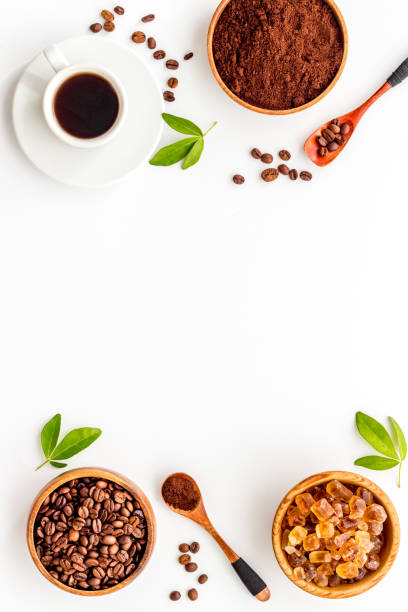 istock Black coffee espresso with coffee beans, top view 1305445185