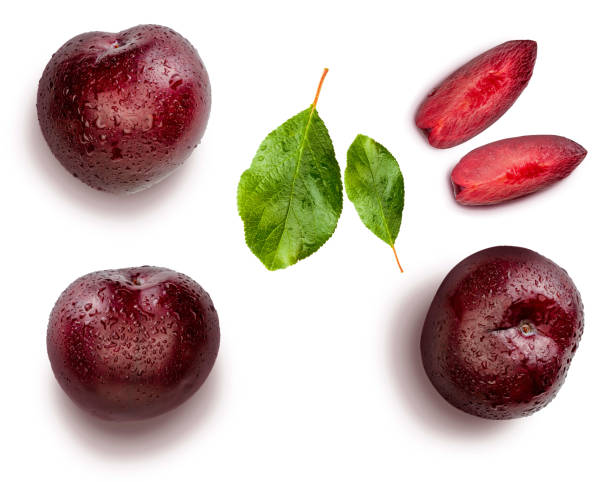 Plums from different angles and leaves isolated on white background. Appetizing and healthy red plums, whole and cut into segments with an aspect of illustration.
