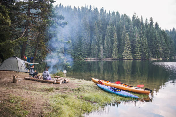 две подруги сидят рядом с костром в диком лагере в горах. - camping стоковые фото и изображения