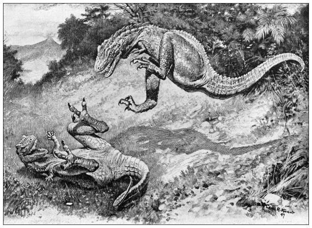 античная иллюстрация: динозавры, дриптозавр - illustration and painting geologic time scale old fashioned wildlife stock illustrations