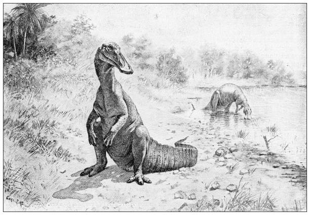 античная иллюстрация: динозавры, hadrosaurid - illustration and painting geologic time scale old fashioned wildlife stock illustrations